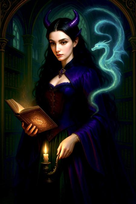 In the hush-veiled heart of the Librarium Noctis, a raven-haired enchantress pauses between turning pages as whispered constellations spill from her candle-bright grimoire; a translucent amethyst dragon coils playfully through the vaulted shadows, rearranging dust motes into secret constellations while emerald-tinted moonlight trickles through stained-glass arches and paints everything with improbable wonder.
Drawing inspiration from this whimsical fragment, translate its enchantment into a breathtaking visual: generate one unique, masterpiece-quality image that flawlessly fuses the aesthetic principles and thematic depth of the mood board into a single, unforgettable scene of gothic whimsy and arcane elegance.

Scene & Composition
Place a solitary, youthful librarian-sorceress at center-foreground, her lithesome silhouette framed by soaring neo-gothic bookcases and pointed arches. She wears an opulent Victorian gown of luxurious violet satin layered over deep forest-green underskirts, cinched by an ornate corset; subtle horn-like adornments (polished amethyst or filigreed obsidian) crown her midnight hair. One hand cradles an antique tome whose molten-gold runes ignite soft amber light upon her graceful, anatomically flawless fingers; the other steadies a flickering, dragon-shaped candle whose flame bends into a spectral, serpentine familiar drifting behind her. Compose the scene with a gentle three-quarter view, guiding the eye in a sweeping S-curve from the glowing book, along her flowing sleeves, up to her contemplative gaze, and finally toward the dragon’s ethereal spiral that echoes the arches above.

Synthesized Artistic Style
Render the piece in a lavish digital-painting style that harmoniously blends: the velvet-rich fabric textures and jewel-tone palette of high-fantasy cover art; dramatic chiaroscuro reminiscent of Baroque oil portraiture; delicate Art-Nouveau filigree framing the borders; and the crystalline detailing and polished gradients of top-tier modern illustration. Fuse deep violets, midnight blues, and forest greens with warm candle-gold highlights, letting subtle teal moon-glow breathe through tracery windows. Employ painterly brushstrokes softened by watercolor-like glazing, yet anchor focal points (face, hands, luminous runes, dragon eyes) in razor-sharp clarity for striking visual impact.

Refinement & Elevation Goals
• Ensure perfect anatomical proportions, elegant hand articulation, and expressive, realistically lit facial features.
• Maintain pristine clarity across all visual elements—eliminate banding, noise, or AI artifacts, even within soft-focus regions.
• Harmonize level of detail so fabrics, skin, books, and background architecture share a consistent, high-fidelity finish.
• Balance asymmetry subtly—let slight cloak ripples counterweight the dragon’s curve for poised equilibrium.
• Introduce a gentle bloom around magical light sources and faint aureoles of dust to heighten the dreamlike mood without sacrificing crispness in focal areas.

Final Imperative
Seamlessly integrate every element—arcane ambience, rich textile folds, luminous glyphs, playful dragon familiar, and cathedral-like depth—into a cohesive, visually arresting composition of sublime beauty, playful sophistication, and unforgettable, whimsical elegance.