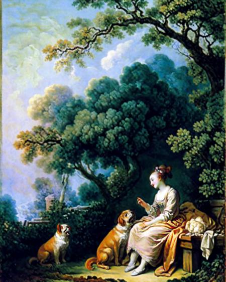 rococo, Fragonard, oil painting \(medium\), traditional_media, <lora:Fragonard_v1:0.7>,dog sitting on a bench, bare_tree, fire, forest, monster, multiple_tails, nature, sharp_teeth, teeth, tree, detailed