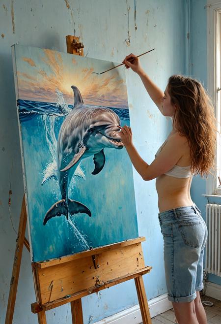 a young female artist is painting a portrait of a dolphin, flying, unforgettable, impressive, light blue background, by Jan Saudek, Charles Miano, Alyssa Monks, Carne Griffiths, Agostino Arrivabene, light, happy, colored oil painting, dynamic light and composition, truly masterpiece of art, golden hour, photorealistic painting, delicate brushstrokes, dark and mysterious, dystopian, otherworldly, golden hour, fantasy art
