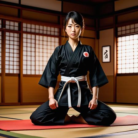 Create a high-resolution digital image of a beautiful Japanese woman in a black karate outfit standing on a mat in a dojo doing her kata.