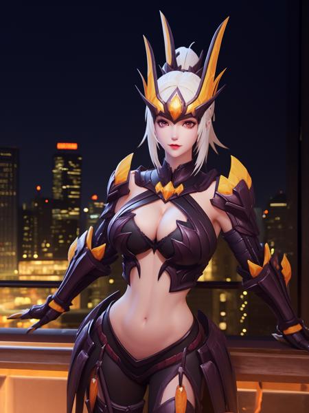 WZRYhuamulanSJLLZ, 1girl, solo, navel, breasts,  armor, cleavage, white hair, clothing cutout,midriff, red eyes, looking at viewer,high ponytail, forehead protector,  <lora:WZRYhuamulanSJLLZ:0.7>,cityscape, night, mature female,