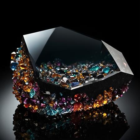A digitally enhanced image of a collection of gemstones, creating a mesmerizing and luxurious scene. The gemstones are glowing with an inner light, casting vivid reflections and refractions on a sleek black surface that looks like polished obsidian. Each gemstone exudes a magical aura, with ethereal wisps of light swirling around them. The ambiance is elevated with sparkling micro-crystals suspended in the air, giving the impression of a mystical treasure trove. The overall atmosphere is otherworldly, with a rich color palette that enhances the deep hues of the gemstones and contrasts with the dark background. robiness. masterprompter.