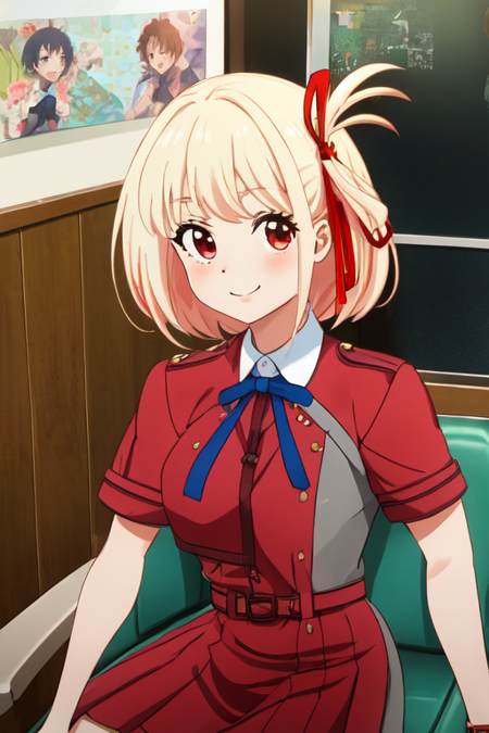 8K, chisato nishikigi (lycoris recoil), medium hair, blonde hair, red ribbon tied in a bow on the left side of her hair, lycoris uniform, red and grey long sleeve shirt, blue ribbon, red belt, red and grey skirt, black knee-high socks and brown loafers