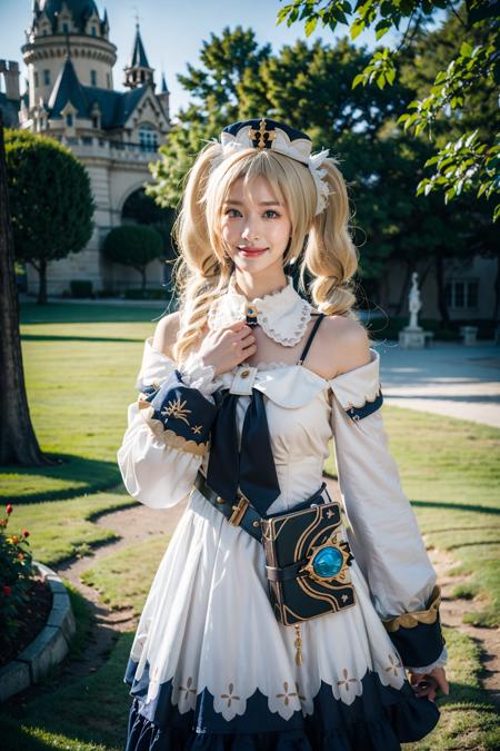 best quality, masterpiece, photorealistic, 1girl, solo, standing, cowboy shot, looking at viewer, smile, closed mouth, barbara cosplay costume, cosplay, blonde hair, hair between eyes, twintails, dress, long sleeves, hat, detached collar, waist bag, castle, <lora:genshin_Barbara_cosplay_v1:0.6>