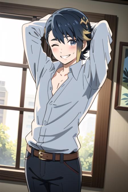 best quality, masterpeice, 1boy, alfonse \(fire emblem\), fire emblem, fire emblem heroes, blue hair, black hair, blonde hair, gradient hair, two-tone hair, short hair, hair between eyes, hair ornament, blue eyes, facing viewer, looking at viewer, sideway glance, pov, happy, grin, naughty face, one eye closed, blush, solo, solo focus, cowboy shot, sweat, sweatdrop, dutch angle, collarbone, shirt, white shirt, collared shirt, partially unbuttoned, pants, black pants, indoors, bedroom, arms up, arms behind head, window, day, simple background,