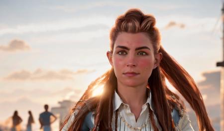 Aloy, (masterpiece),((ultra-detailed)), (highly detailed CG illustration), (best quality:1.2),realistic8K UHD,High definition,High quality texture,intricate details,detailed texture,finely detailed,high detail,extremely detailed cg,High quality shadow,a realistic representation of the face,Detailed beautiful delicate face,Detailed beautiful delicate eyes, brown eye pupil, a face of perfect proportion,Depth of field,Cinematic Light,Lens Flare,Ray tracing,perspective,20s,blush,glossy lips,perfect body,lean body,Particles of Light,(narrow waist:1.3),large breast, distinct_image, high_resolution, (lustrous skin), solo focus, (red hair), (finely detailed beautiful eyes and detailed face),(detailed face), (hair streaked hair), light source contrast, long hair, (white shirt, blue jean shorts:1.5), (high detailed skin:1.2), 8k uhd, dslr, soft lighting, high quality,