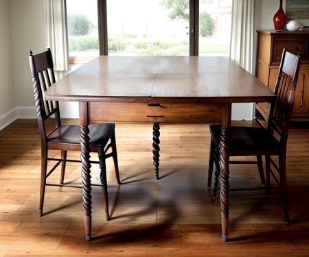 a midcentury  twistcolu table, dining room, analog film , photography, <lora:twistcolu-12:1>