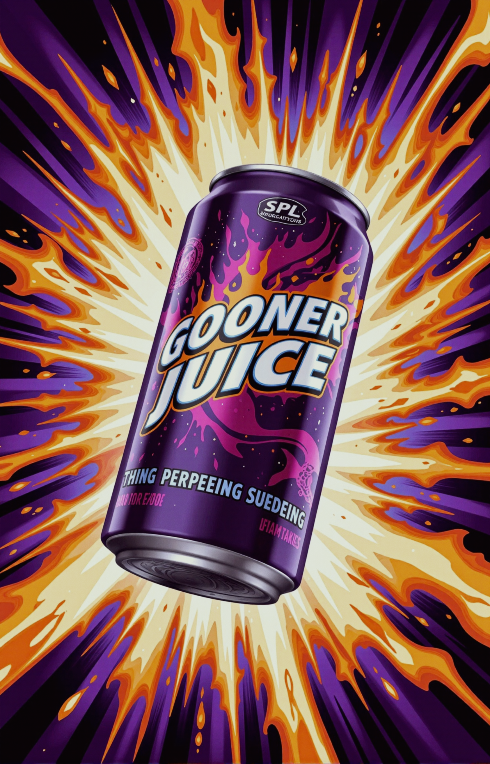 A dynamic advert for a purple drink can reading "GOONER JUICE" in bold white lettering and smaller text reading "SPL" above with "THING PERPEEING SUDEEING" text below. The can is decorated with orange and pink splash graphics on its surface and is pictured against a background of orange and yellow flames radiating out in all directions.  