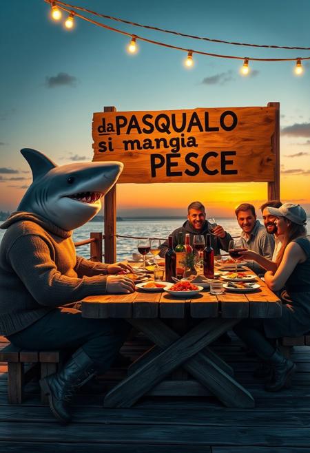 An Italianized humanoid shark named ‘Pasqualo,’ with a muscular body, gray shark-like skin, and sharp teeth, sits at a large wooden table on a seaside pier during sunset. He has black eyes, a prominent dorsal fin, and a friendly grin. Dressed in a rugged fisherman’s outfit, including a weathered wool sweater, rolled-up pants, and boots, Pasqualo blends seamlessly into the scene with his human fisherman friends. They laugh and chat around the table, their sun-baked skin and salt-worn clothes reflecting a life spent at sea.
The table is covered with rustic Italian seafood dishes: grilled fish, steaming bowls of pasta, crusty bread, and wine bottles. Half-filled glasses suggest recent toasts, and plates are scattered in a laid-back, festive atmosphere. Overhead, warm string lights cast a golden glow on the gathering.
In the background, a large wooden sign, slightly worn and hand-painted, reads ‘da PASQUALO si mangia PESCE.’ It’s mounted on a weathered post with a couple of seagulls perched on top. The sea behind them is calm, with fishing boats gently rocking in the harbor. The setting captures the authentic feel of an old Italian coastal town, with Pasqualo smiling and enjoying the meal with his closest friends, blending the fantastical with the familiar and realistic.