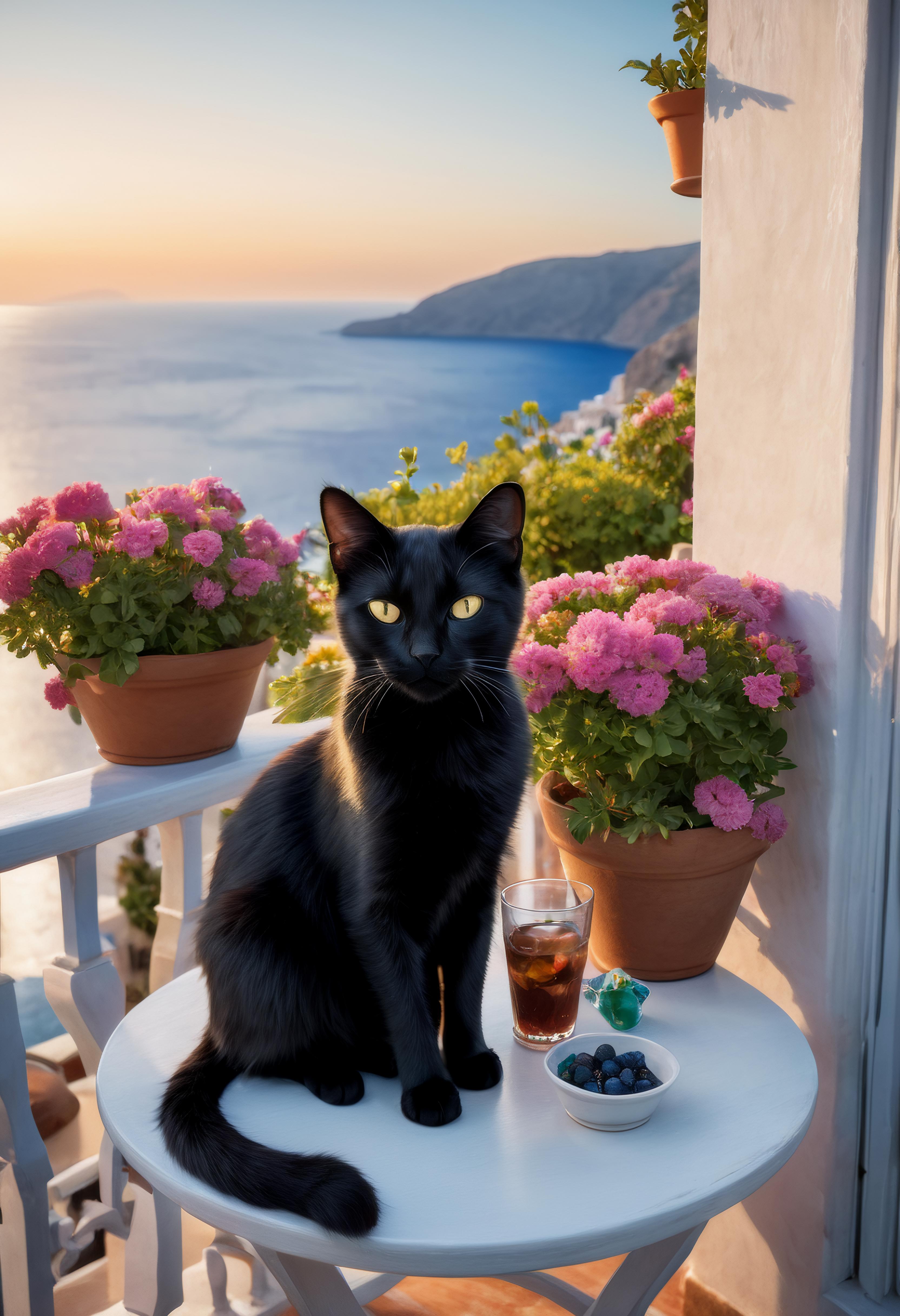 A black cat sitting on a table with a glass of water and a bowl of blueberries.