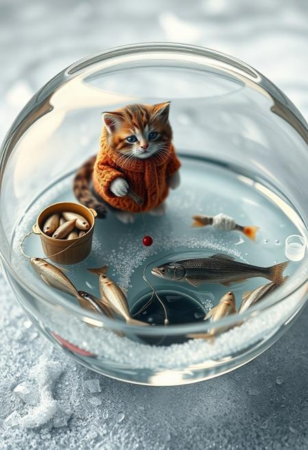 "Create a whimsical and realistic digital artwork featuring a miniature scene of an adorable cat dressed in warm winter clothing, standing on a thin layer of ice with the water visible from below. The cat should be rendered in exquisite detail, with visible texture and subtle shading that captures the softness of its fur and the warmth of its winter clothing. The ice should be transparent, with visible ripples and bubbles that capture the movement of the water beneath. The bucket filled with freshly caught small fish should be next to the cat, with each fish rendered in intricate detail, complete with scales and fins. The cat should be standing in front of a small hole drilled in the ice, with its line and bait visible beneath the surface. Unbeknownst to the cat, a singular terrifying monster fish should be lurking in the deep, with long needle-like teeth and a menacing gaze fixed on the bait. The overall effect should be one of enchanting realism, as if the viewer could reach out and touch the clear bowl and feel the chill of the ice. The scene should be viewed from the side of the bowl, with a great view of everything going on in the miniature world." Highest-Quality, 4k, intricate details, visually stunning, Masterpiece