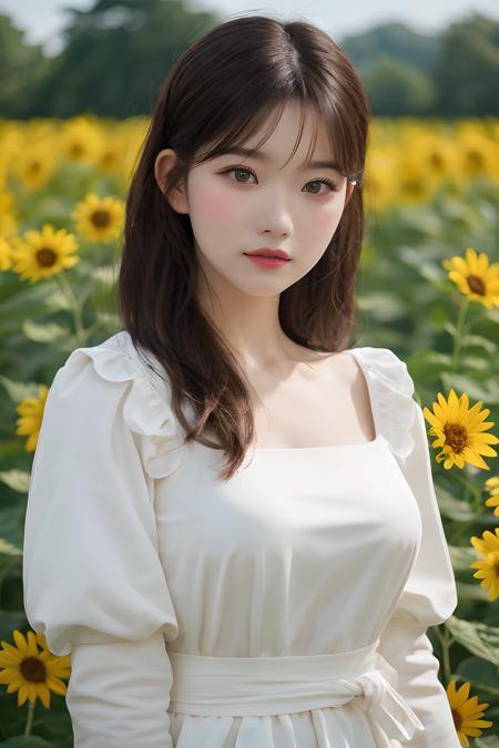 (mature body), (upper body:1.5), nikon RAW photo,8 k, Fujifilm XT3,masterpiece, best quality, realistic, photorealistic, ultra detailed, extremely detailed face, solo,1girl, standing, fashionable and trendy atmosphere, and a stylish expression on her face, close up, (narrow waist), white dress on field of sun flowers,