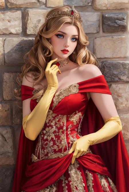 b34uty_g0wn_1, long red gown, puffy underskirt, gold elbow gloves, choker, tiara,