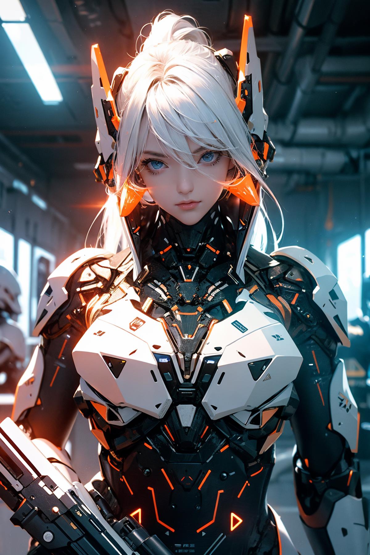 A Cyborg Woman in White and Black Armor with Blue Eyes
