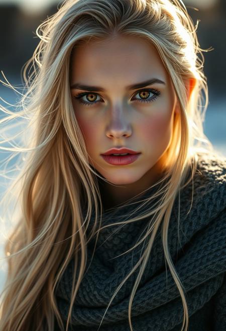 stunning blonde girl, nordic princess, amazing amber eyes, the sunlight behind her is illuminating her golden blonde hair, her expression is intense yet the emotion is undefinable, the cold wind gently blows the delicate strands of blonde hair