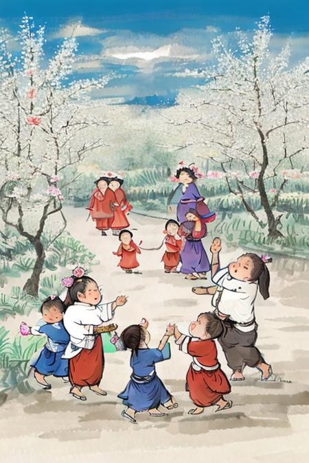 high quality,6+girls are playing  in a chinese painting style,