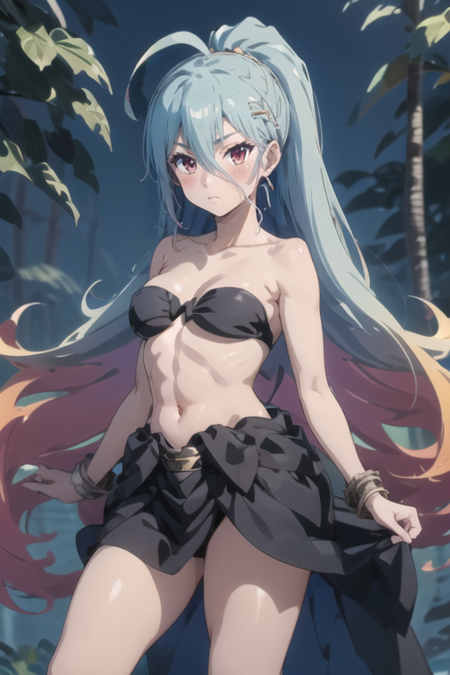 long hair,bare shoulders,very long hair,1girl,collarbone,looking at viewer,navel,hair between eyes,Large Breast,solo,closed mouth,strapless,stomach,jewelry,bandeau,skirt,v-shaped eyebrows,cowboy shot,midriff,bare arms,black skirt,tube top,ahoge,bikini,swimsuit,standing,black bikini,