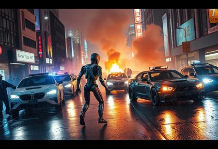 Futuristic cyberpunk scene in the year 2099 of humanoid robots rioting on streets, futuristic tech everywhere, a lone humanoid robot fighting against other robots, futuristic cyberpunk cars, chaos everywhere, robots turning cars over, fires, people running, night, raining, wet asphalt, futuristic police, fire, smoke, neon lights, cinematic