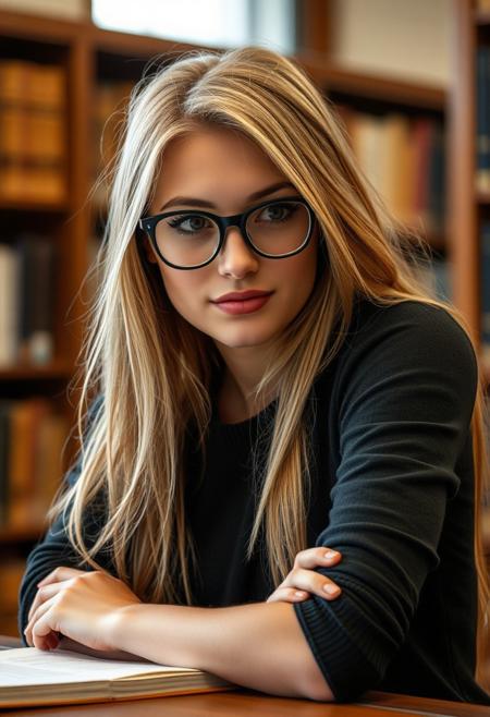 Create a highly detailed and visually stunning photograph of a beautiful 21 year old female, with a very slim and athletic build. She is beautiful, but doesn’t know it.  Shy, nerdy, librarian, She is sitting behind a library desk, Her long blonde hair is styled elegantly. She is wearing dark rimmed glasses.  She notices the viewer staring and is glancing shyly at the viewer and blushing profusely.