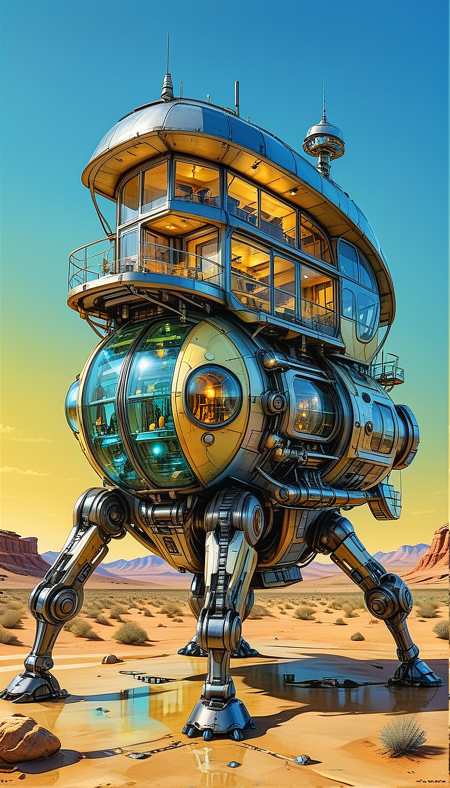 (cel-shading:2)+, (in ARTIST style:1.6), (masterpiece:1.7), hyperrealism, glossy, shinny,
clear image, accurate picture, clear picture, precise image, focused image, Science fiction style, Science fiction,
(glass and metal house with cozy comfy living space inside) on mechanical legs, science fiction, aquarium on mechanical legs focus, night desert background, mecha, pale yellow,
comic style, (ultra sharp focus:2), (thin lines:2),
(best quality:1.8),
<lora:Apparatus_-_Traction_City_Walkers_Vehicles:0.8>,