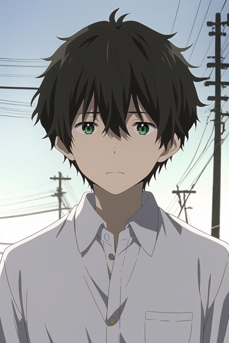 oreki houtarou, 1boy, male focus, solo, brown hair, green eyes, white shirt, outdoors, sky, day, utility pole, power lines, blurry background, closed mouth, portrait, upper body, looking at viewer