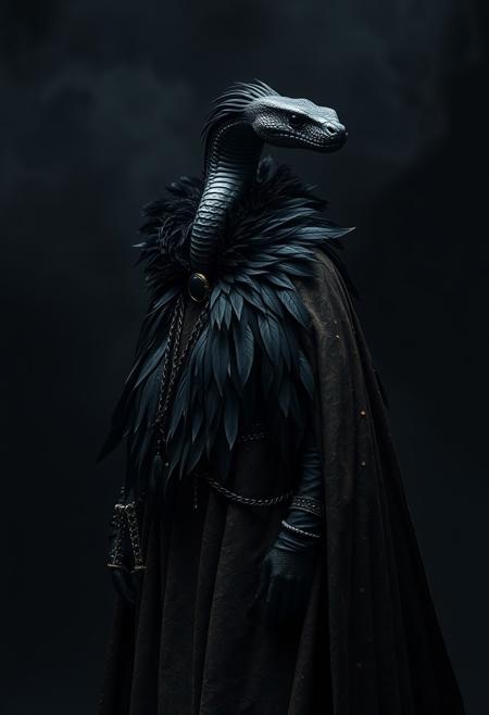 human black snake wearing a grunge and dirt cape, Dark Style, black feathers ornamentation, black jewelry, gothic Style, long cape, wind, dark background, mist, photography studio style, hyper realistic, ultra detailed