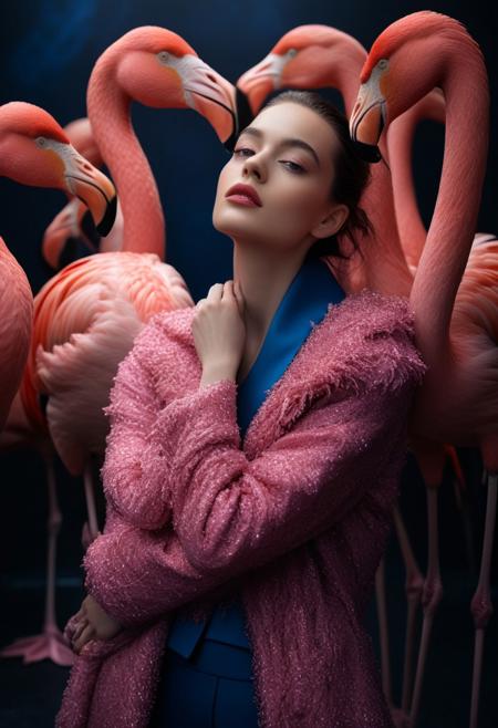 cinematic photo of a woman with a pink feather coat hugging a group of elegant pink flamingos in a black studio background, surrealism, coat designed by Balenciaga, nostaligic mood, dark blue, rembrandt lighting, blue and warm lights, shot with Hasselblad X1D, A cinematic, hyper-detailed, National Geographic-style composition, shot with a Canon EOS R5, f/1.4 aperture, soft bokeh background, 8K resolution, photorealistic,
