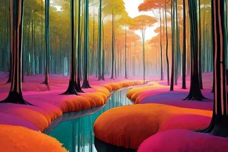 A surrealistic fusion of Reuben Wu's ethereal landscapes with Nick Knight's hyper-realistic models. A Synthetic forest of barcode trees, where creatures with Taro Okamoto's biomechanical limbs frolic and play. The sun sets in vibrant, electric hues, casting long, synthetic shadows that distort the Sharp Focus images of the models. In the distance, a satellite hovers, projecting old school designs onto the landscape, OverallDetail