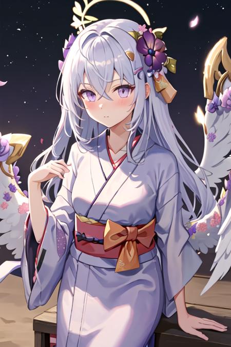 best quality, masterpiece, highres, solo, {yukata:1.40}, {kimono:1.20}, {azusa_bluearchive:1.15}, long_hair, hair_ornament, hair_between_eyes, flower, hair_flower, halo, wings, white_hair, purple_eyes, bangs, blush, purple_flower, white_wings