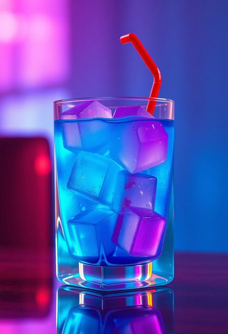 A drink you would see in a sci-fi nightclub, drink on a high cube shaped glass, (cyan liquid, purple colored sphere icecubes, red bendy straw), high quality, best artwork, aesthetic, abstract