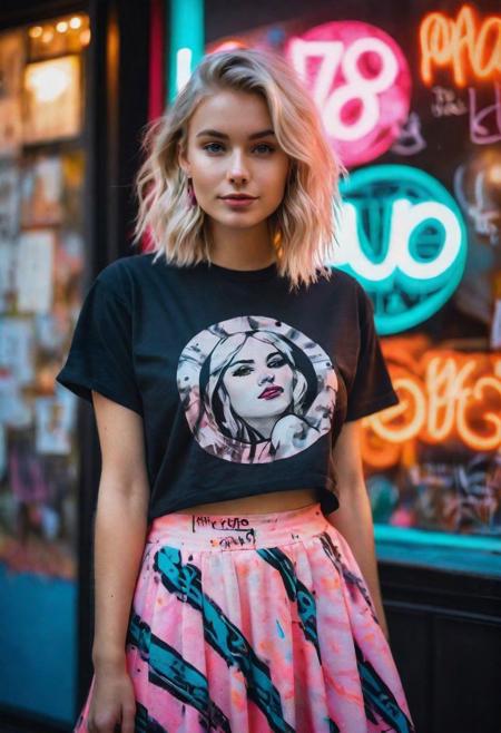 woman wearing graffiti print oversized tee, neon circle skirt, 80s style neon-lit signs, Vibrant signs advertising various shops and attractions,