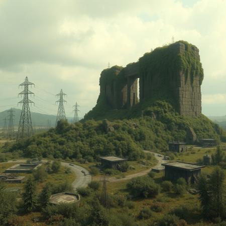 An ancient monolithic structure sits inactive and overgrown after millennia of inactivity. The ruins of infrastructure, pylons with cables dangling, buried roads, remnants of derelict buildings dot the landscape, overgrown and desolate. The landscape around it is covered in alien wildlife and flora.