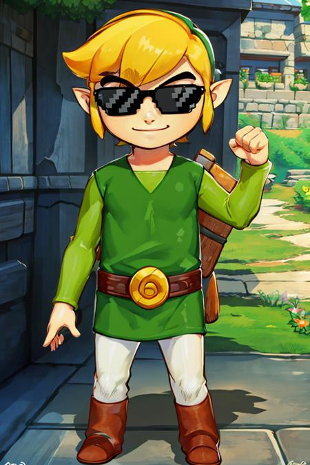 <lora:Genzoman_Style_Dim64:0.6>,((masterpiece,best quality)),  <lora:Toon_Link_Zelda:0.9>, Toon_Link_Zelda, sunglasses, meme, solo, 1boy, green tunic, belt,  solo, smiling, standing, looking at viewer,