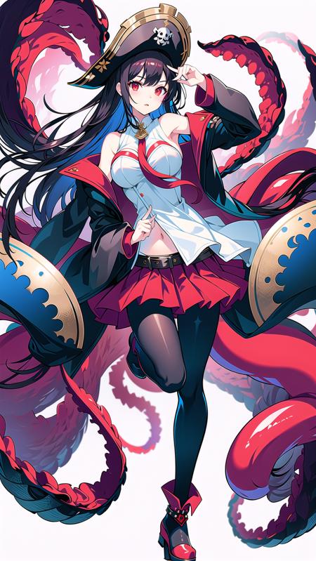 masterpiece, best quality,royalfortune(azur lane), 1girl, red eyes, tentacles, torn clothes, pantyhose, breasts, black hair, red skirt, book, jacket, solo, skirt, black jacket, torn pantyhose, boots, sleeveless, white shirt, shirt, long hair, standing, looking at viewer, hat, open clothes, bare shoulders, black pantyhose, full body, black headwear, belt, open jacket, off shoulder, high heels, pirate hat, <lora:RoyalFortune-000007:0.8>  <lora:GoodHands-vanilla:1>, scenery, background,