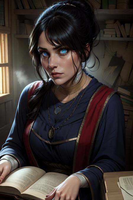 Sellen, bangs, black ponytail, thinking, pondering, sitting,  upper body,  
 MRobe,necklace,blue robe, long sleeves, bandages, wide sleeves,
 wooden bunker, spell books, cobwebs, 
(insanely detailed, beautiful detailed face, masterpiece, detailed eyes, best quality)  <lora:Sellen-10v3:0.7>