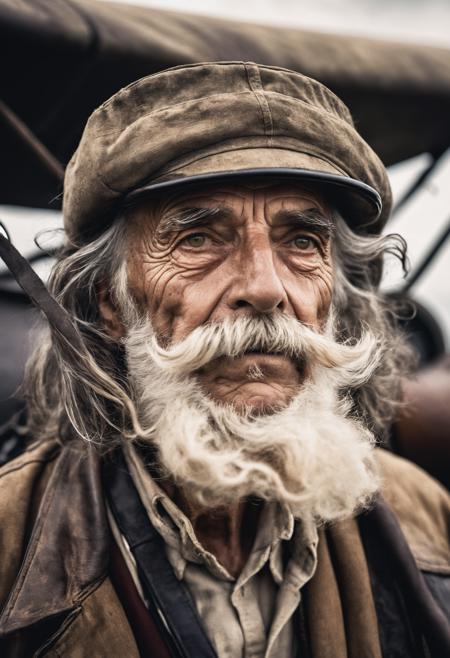 analog photo of an incredibly old moustached man piloting a biplane, with deep creases and wrinkles in his face, stunning ochre eyes, wild windswept long black dyed hair, cinematic, film grain