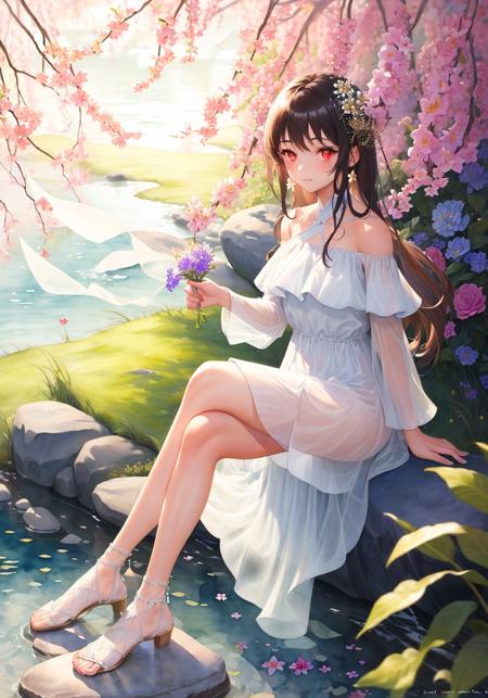 1girl,sparkle,Red eyes,glowing light,crossed legs,watercolor (medium),brook,Sit on a stone,((transparency:1.4) white_off-shoulder dress), flower pattern in dress,long hair,