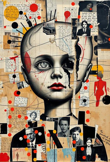 Outsider art. A surreal and deconstructed mixed-media collage in the style of Jacques Prévert with an urgent sense of chaos and energy. An analogue collage artwork blending fragmented styles, layers and textures. 
A Jean-Michel Basquiat illustration of a broken Victorian china pot doll's head.
Layered over this obscuring the image are multiple fragmented and overlapping layers of chaotic thick paint, splatters of paint, palette knife oil paint, handwritten scrawled text messages, torn photographs and broken distorted vintage photographs filling the canvas. 
Layers sections of repetitive brightly coloured dots in Yayoi Kusama style. Fragmented scribbles and abstract graffiti images in Jean-Michel Basquiat style over the top. This hides sections of the image below. Outlines are roughly redrawn in black ink and thick oil paint. The overall effect is manic and anarchic with an urgent sense of energy.