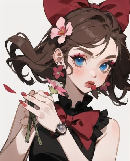 <lora:CartoonSeason1:1>,1girl, solo, flower, earrings, watch, wristwatch, jewelry, brown hair, blue eyes, holding, bow, simple background, hair bow, holding flower, red bow, pink flower, red nails, makeup