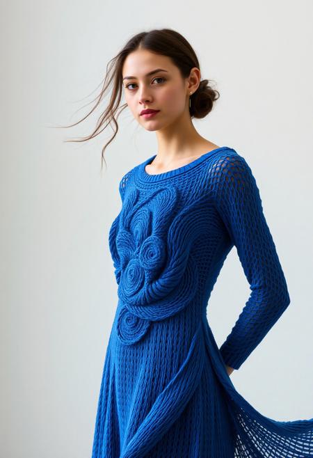 (nubile young woman:1.3), wearing (blue spirograph-knit dress:1.6), (graceful spiral composition:1.5), (interwoven spirals forming layered fabric:1.4), (densely knit at core:1.4), (breathable edges with subtle skin reveal:1.2), (flowing, modest design:1.3), (smooth gradient from center to hem), (light fabric motion in wind:1.2), (structured elegance:1.4), (soft highlights on fabric curves), (minimal accessories), (gallery setting), (organic symmetry in spiral layout:1.2), (bulkiness or heaviness:-1.5), (disproportionate structure:-1.4), (blurry details:-1.3), (grayish tones:-1.2), (flat textures:-1.2), (photorealism:-1.5)