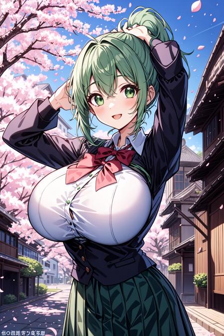 1girl, solo, album cover, green hair, ponytail hair, dark green eyes, huge breasts, school uniform, arm up, prism, building , happy, nice hands, standing, petals, cherry blossoms, modern life