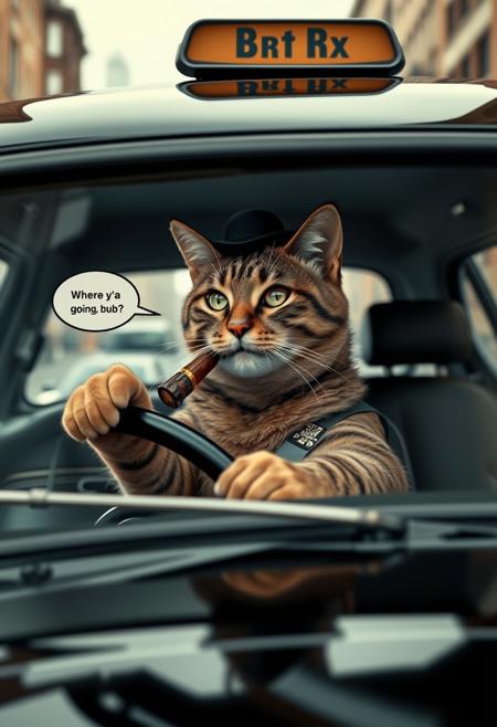 "Hyper-realistic scene: a sleek, black taxi cab speeds through the city streets, driven by a debonair cat in a derby hat and sporting a thick, stubby cigar. The cat's eyes gleam with a knowing spark as it asks, "Where ya going, bub?" in a speech bubble, its whiskers twitching with a hint of mischief. In the backseat, a passenger sits frozen in shock, eyes wide and mouth agape, staring at the feline driver in utter bewilderment. The cat's fur is immaculately groomed, and its paws grasp the steering wheel with confident ease. The taxi's interior is richly detailed, with worn leather seats and a vintage dashboard. Style: photorealistic, with a focus on capturing the textures, materials, and atmospheric conditions of the scene, and a sense of humor and personality in the cat's expression and demeanor."