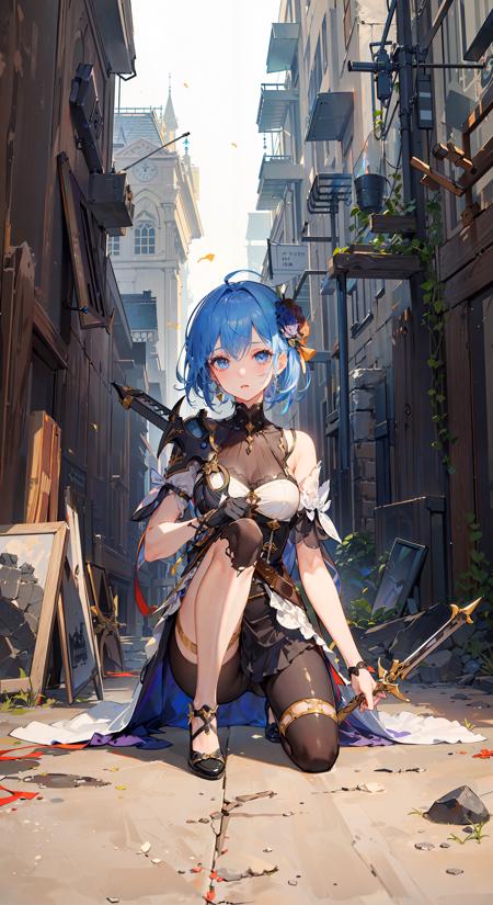 ((masterpiece,best quality)),(1girl, solo:1.4),beautiful detailed eyes, vivid,stone, ruins, (broken sword on the ground), broken weapon, runny makeup,