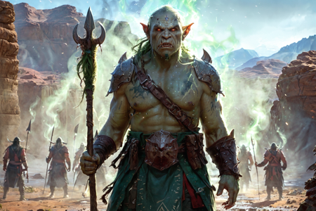 bioluminescent, an orc fisherman with green skin, wearing a leather tunic, holding a fishing spear, solo, from the Ashenclaw Clan, with ash-gray skin and claw-shaped markings, an orc desert canyon with red rock walls, sand dunes, scattered bones, detailed background, raising a banner, on a battlefield, defiant, standing tall, wide shot, a war drum ceremony with orcs drumming, chanting, preparing for battle, a whetstone, nearby, on muddy ground, wet and sticky, misty, light fog, damp air, soft light, late morning, warm sunlight, soft breeze, clear skies, best quality, vibrant colors, realistic style, high detail, high-definition, hyper-realistic, extremely high-resolution details, fine texture, incredibly lifelike, realistic, not cartoon, not drawing, highres, 4K resolution, source photo, realistic photo, masterpiece, best quality, amazing quality, very aesthetic, ultra-detailed, detailed textures, natural lighting, soft light, desert tan tones, sandy beiges and yellows, torchlight, warm flickering glow, three-quarter view shot, full body visible, <lora:Mystic_Lumina_r1-000007:0.9>