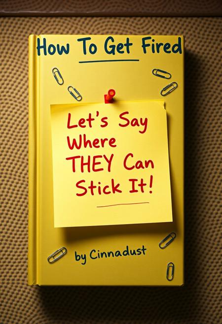 "Create a hyper-realistic image of a charming book cover with the title 'How To Get Fired' in playful, handwritten font at the top. Underneath the title, a sticky note should dominate the center of the cover, with the phrase 'Let's Say Where THEY Can Stick It!' written in bold, red Sharpie. The sticky note should be rendered in exquisite detail, with subtle texture and creases that give the impression of a real, hastily-written note. At the very bottom of the cover, the phrase 'by Cinnadust' should be written in a small, yet cheeky script. The cover should be decorated with workspace etchings that add a touch of office humor and irreverence, including paper clips, staplers, and other office supplies. The background should be a warm, beige color that resembles a cubicle wall, with subtle texture and shading that gives the impression of a well-worn workspace. The overall effect should be one of playful, tongue-in-cheek humor, with a focus on embracing the absurdity of office culture." highest-Quality, 8 k, intricate details, visually stunning, Masterpiece