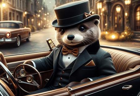 digital painting of a modern edge cute otter in suit and bowtie, top hat and cutting edge sunglasses,  entirely made of retro sophistication texture, driving a convertible car, whimsical and magical atmosphere, soft lighting, highly detailed and stylized, concept art for a vintage charm-themed universe