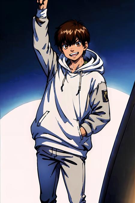 solo, looking at viewer, smile, open mouth, simple background, brown hair, 1boy, white background, brown eyes, jacket, male focus, open clothes, pants, hood, arm up, hoodie, clenched hand, clenched hands, grey pants,