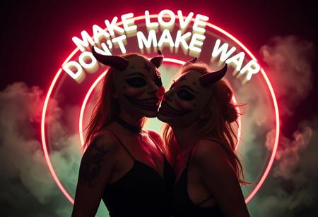 A hyper-realistic, 3-dimensional full-figure photograph of a woman wearing a highrise mask with an exaggerated, wide, ecstatic smile and small, devilish horns curving from the sides. The mask, devoid of a nose or eyes, radiates unsettling joy, contrasting with the tattooed stars decorating her face. She stands confidently, striking a dynamic pose while sweetly kissing another woman beside her, who also wears a highrise mask with a similar ecstatic expression. The second figure’s mask mirrors the first, enhancing the surreal quality of the scene. Shot with Panavision aspherical lenses at 40mm, the scene is illuminated by cinematic studio lights, emphasizing the contours of their bodies. A soft red, low diffuse light glows from behind, enhancing the three-dimensional effect, while light greenish fog and white smoke swirl around them in layered wisps against a pitch-black background. Above the figures, bold glowing neon letters follow a round circular path, proclaiming ‘MAKE LOVE DON’T MAKE WAR,’ adding a dynamic and rebellious energy to the surreal, immersive atmosphere.”