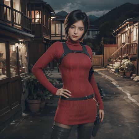 <lora:adawongV2:0.8>,Ada_re4, (standing:1.4),(beautiful face:1.5), 1girl,black hair, short hair, red sweater, belt, black thigh boots,  ((upper body)),(realistic:1.7),((best quality)),absurdres,(ultra high res),(photorealistic:1.6),photorealistic,octane render,(hyperrealistic:1.2), (photorealistic face:1.2), (8k), (4k), (Masterpiece),(realistic skin texture), (illustration, cinematic lighting,wallpaper),( beautiful eyes:1.2),((((perfect face)))),(cute),(standing),((looking at viewer)),(dynamic pose:1.3), outdoors, houses, flowers paths, mountains, lake, dock,