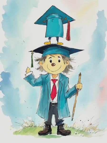 <lyco:QuentinBlake:1.0> a 5-year-old boy graduating from the first year, proud and standing tall, Quentin Blake style, v5.1